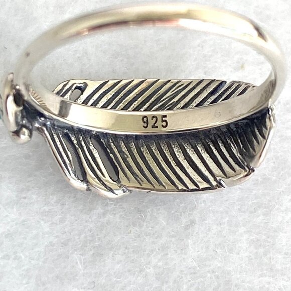 Sterling Silver 925 Dainty Round Turquoise Cabochon Feather Band Ring Size 7.5 - Picture 9 of 16